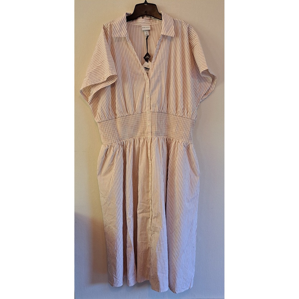 Ava & Viv Shirtdress Womens 3X White Burgundy NEW Smocked Pockets 1043-320-B45